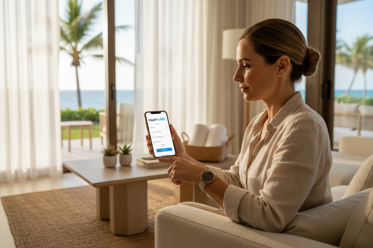 Vacation home host with hostfix365 open on her phone making request